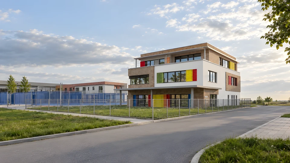 Sportovní mateřská škola Sion, boční pohled na fasádu s barevnými panely