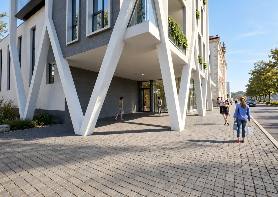 Sporthotel Chrudim, detail vstupu a sloupů