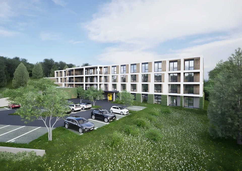Alzheimer centrum, pohled na vstupní průčelí a příjezd